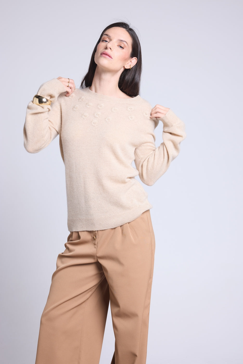 Pull Col Rond Fleurs Brodees Stefania - Beige Creme - Femme