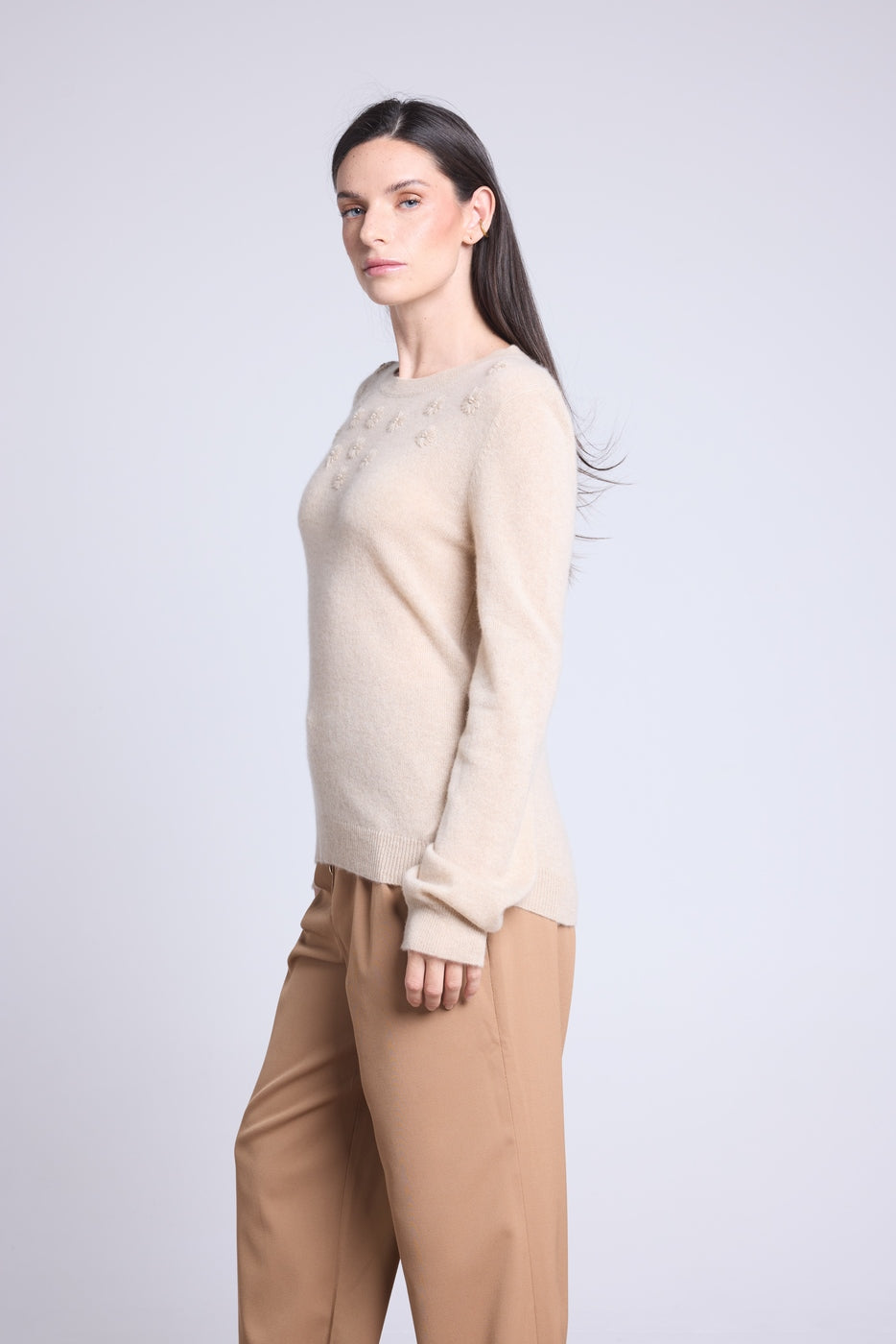 Pull Col Rond Fleurs Brodees Stefania - Beige Creme - Femme