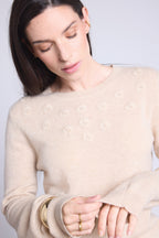 Pull Col Rond Fleurs Brodees Stefania - Beige Creme - Femme