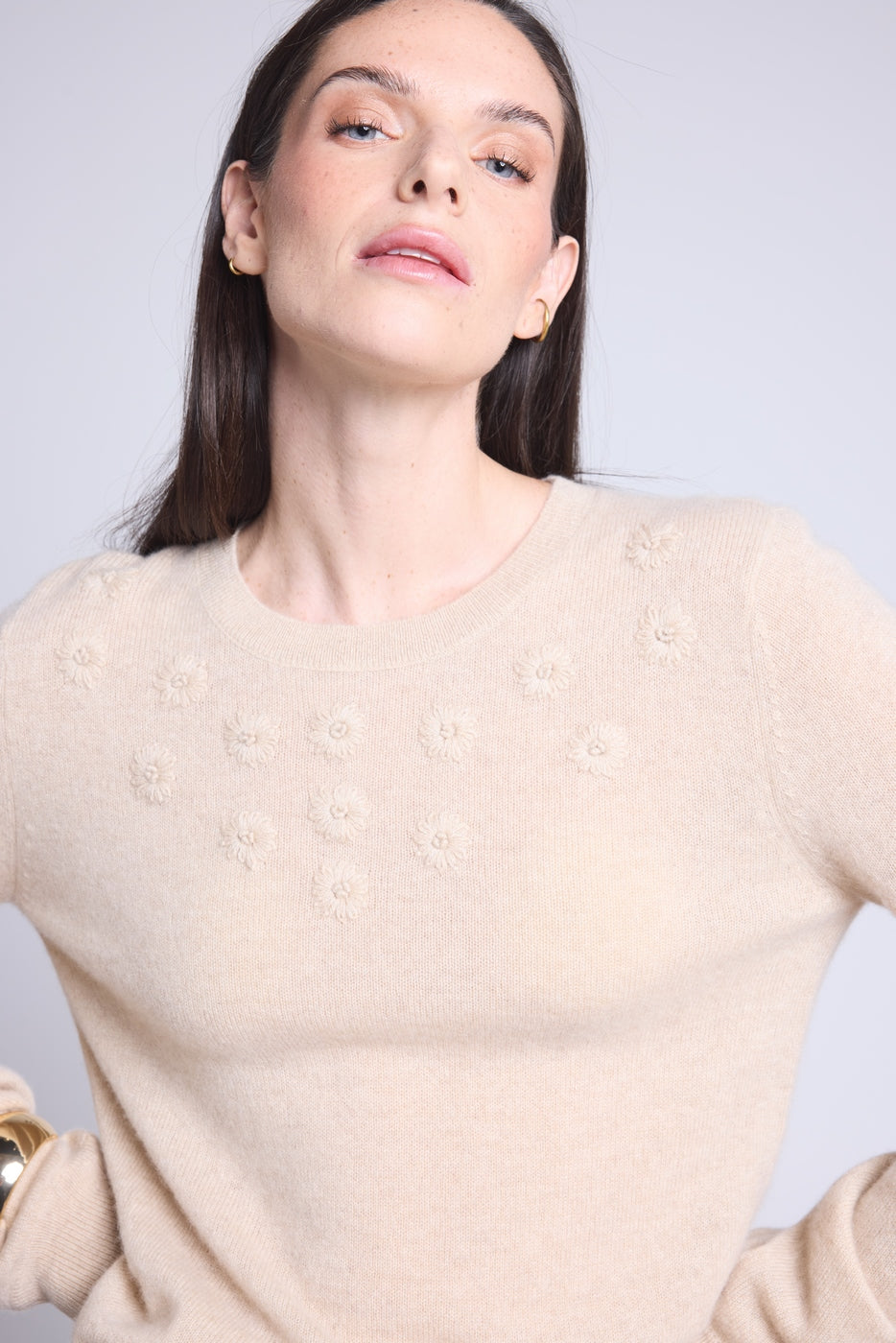 Pull Col Rond Fleurs Brodees Stefania - Beige Creme - Femme