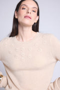 Pull Col Rond Fleurs Brodees Stefania - Beige Creme - Femme