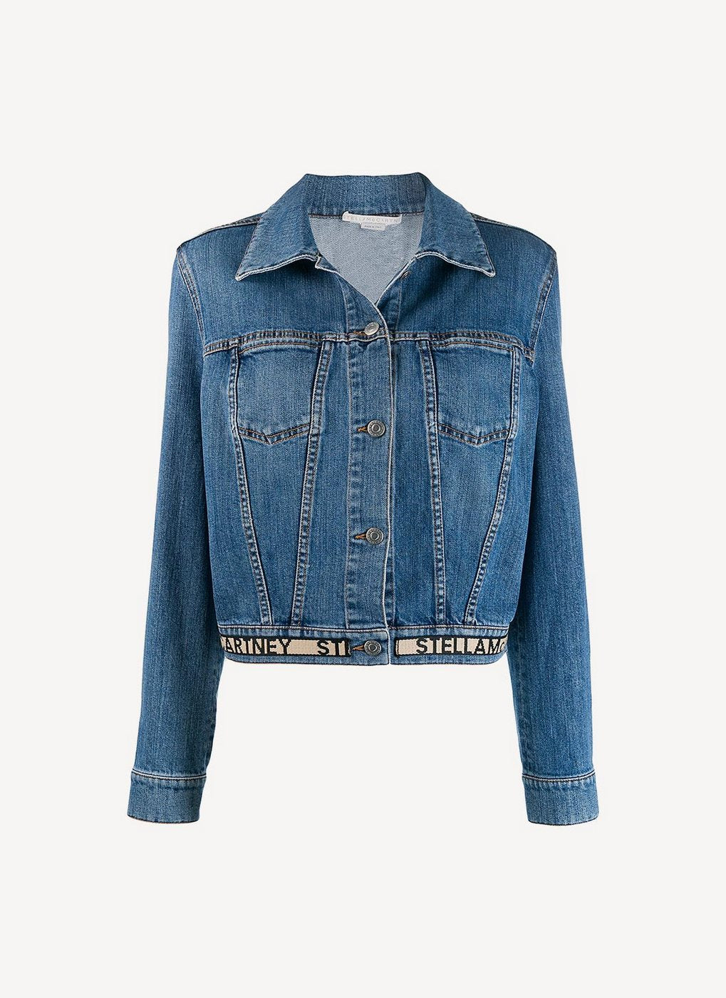 Crop Jacket Organic Medium Stone Denim With Logo Belt - Medium Blue - Women