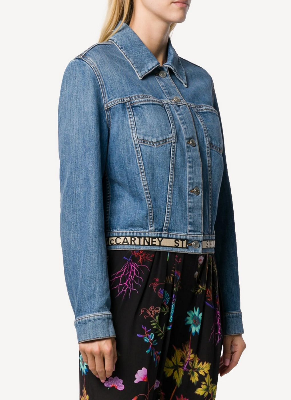 Crop Jacket Organic Medium Stone Denim With Logo Belt - Medium Blue - Women
