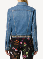Crop Jacket Organic Medium Stone Denim With Logo Belt - Medium Blue - Women