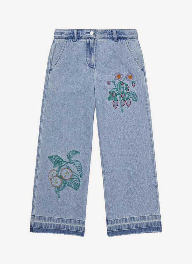 Recycled Vintage Wash Trousers With Embroidery Detail - Sky Blue - Women