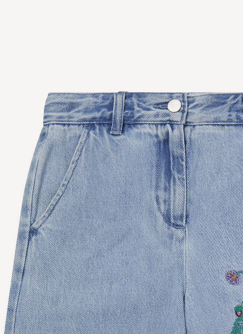 Recycled Vintage Wash Trousers With Embroidery Detail - Sky Blue - Women