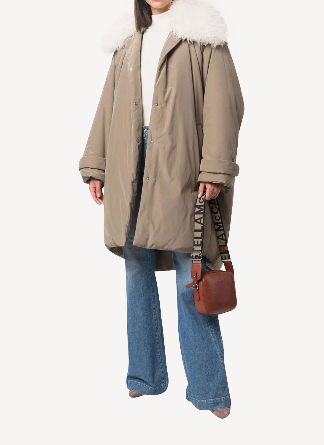 Stella Mc Cartney - Manteau à col en fourrure artificielle - Taupe - Femme