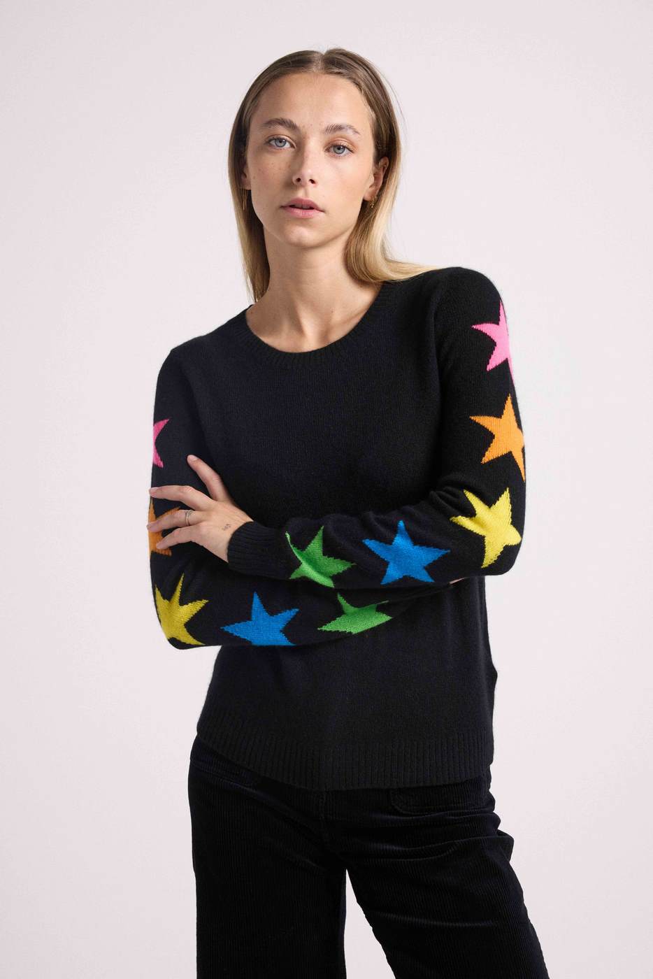 Stella Crew-Neck Jumper with Star Sleeves - Black Multicolour
