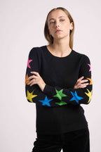 Stella Crew-Neck Jumper with Star Sleeves - Black Multicolour