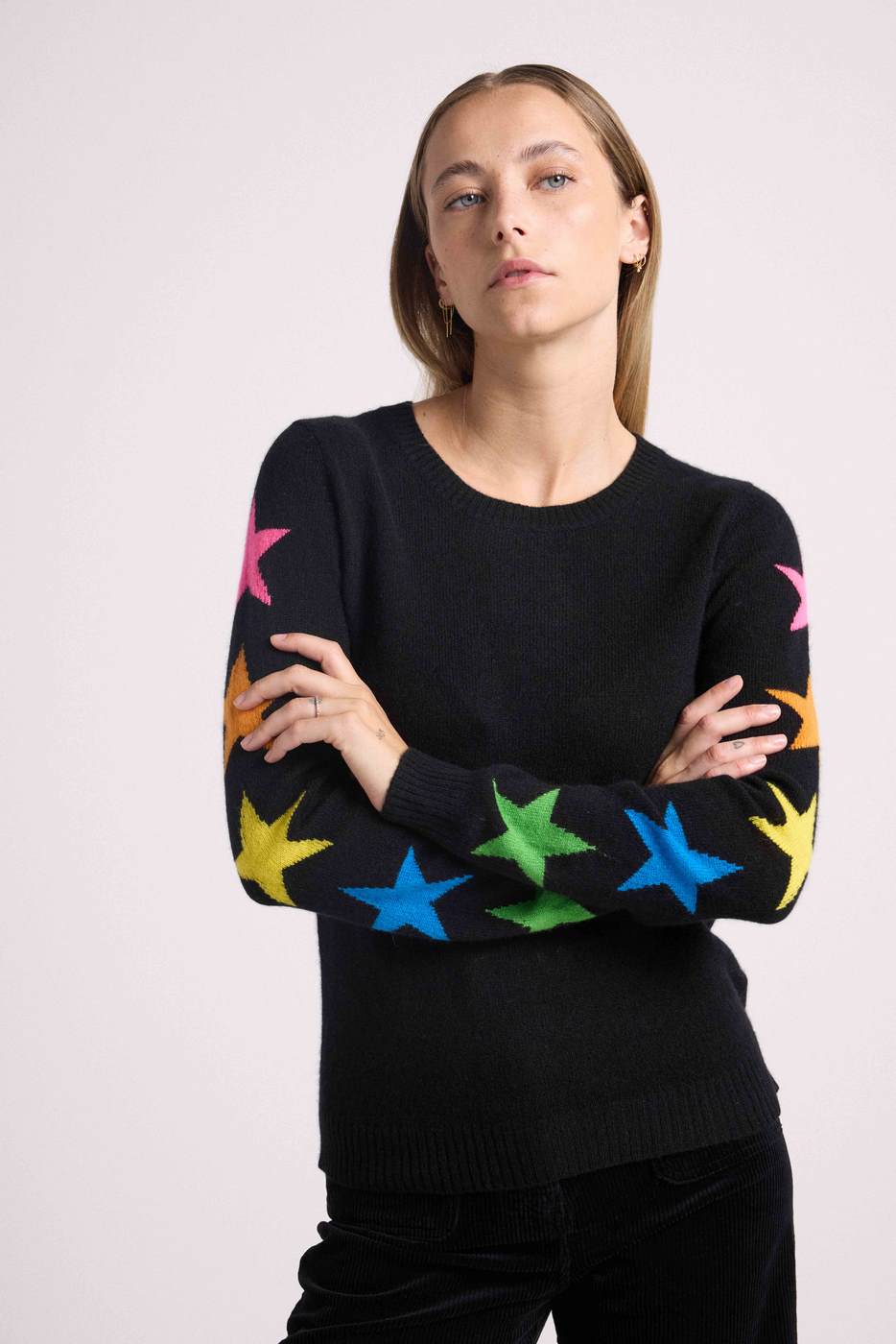 Stella Crew-Neck Jumper with Star Sleeves - Black Multicolour