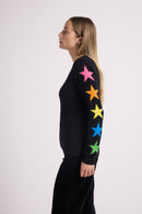 Jersey Stella Estrellas Multicolor Cuello Redondo - Negro - 100% Cachemira Oeko-Tex - Mujer