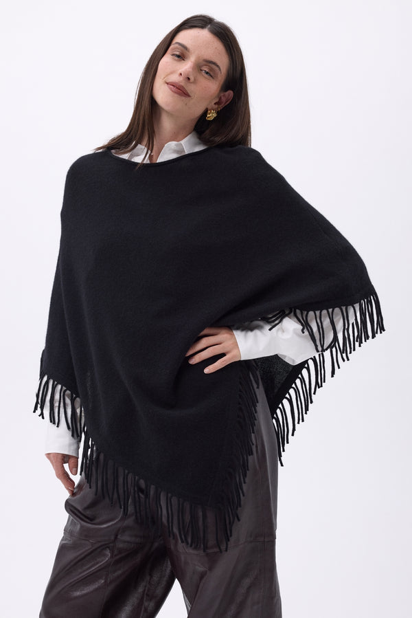 Poncho con Flecos Stepp - Negro - Mujer - 100% Cachemira
