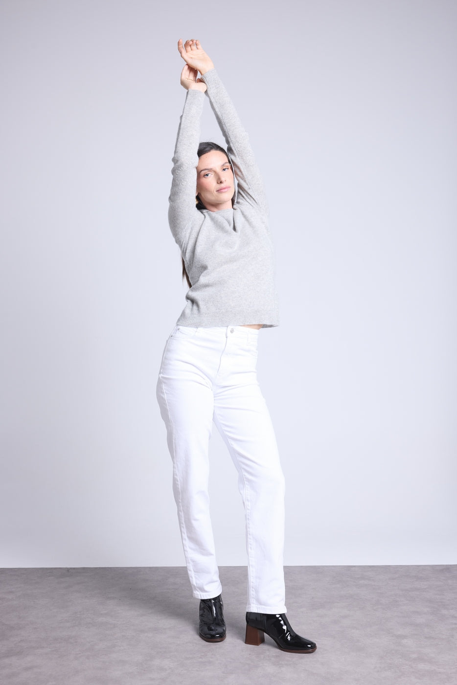 Pull Col Rond Cœur Cousus Coudes Stitch - Gris Claire Blanc - Femme - 100% Cachemire