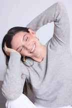 Pull Col Rond Cœur Cousus Coudes Stitch - Gris Claire Blanc - Femme - 100% Cachemire