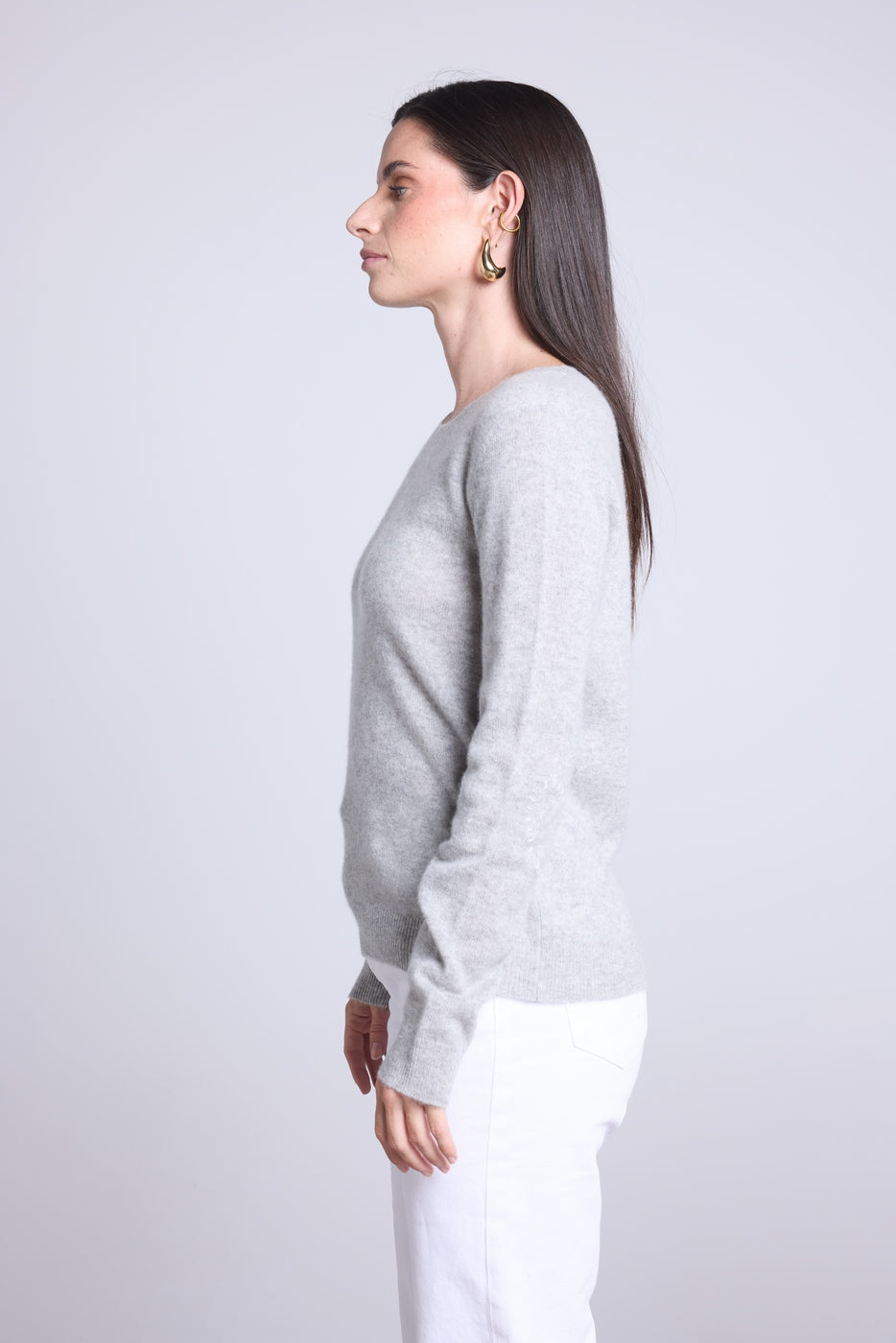Pull Col Rond Cœur Cousus Coudes Stitch - Gris Claire Blanc - Femme - 100% Cachemire