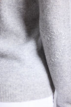 Pull Col Rond Cœur Cousus Coudes Stitch - Gris Claire Blanc - Femme - 100% Cachemire