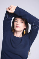 Pull Col Rond Cœur Cousus Coudes Stitch - Bleu Marine Bleu Roi - Femme