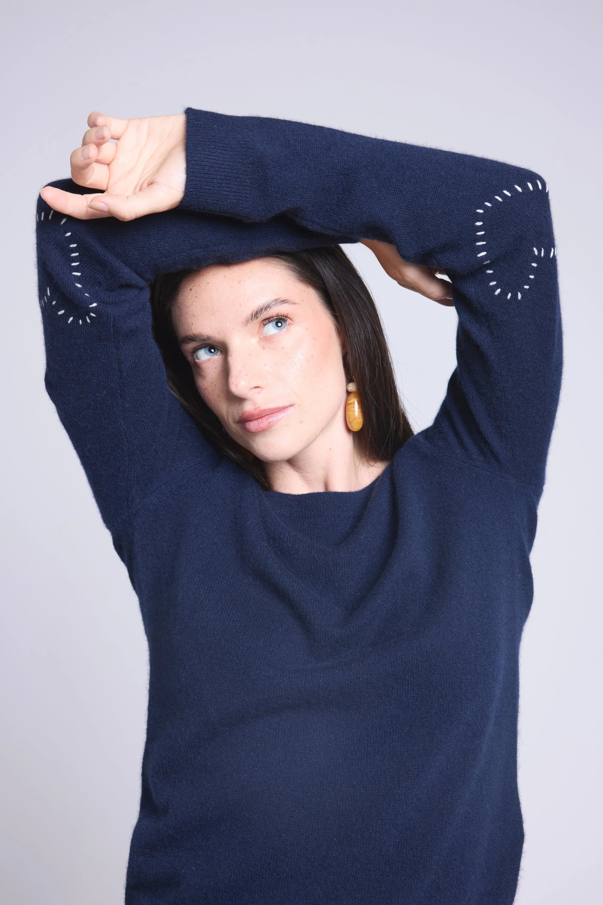 Pull Col Rond Cœur Cousus Coudes Stitch - Bleu Marine Bleu Roi - Femme