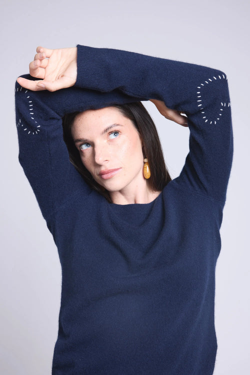 Pull Col Rond Cœur Cousus Coudes Stitch - Bleu Marine Bleu Roi - Femme