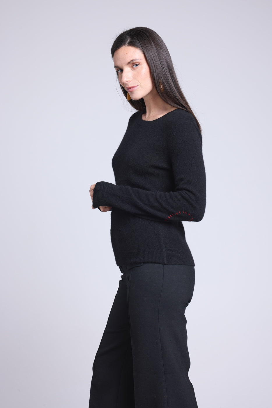 Jersey de cuello redondo con corazones cosidos en los codos Stitch - Negro rojo - Mujer