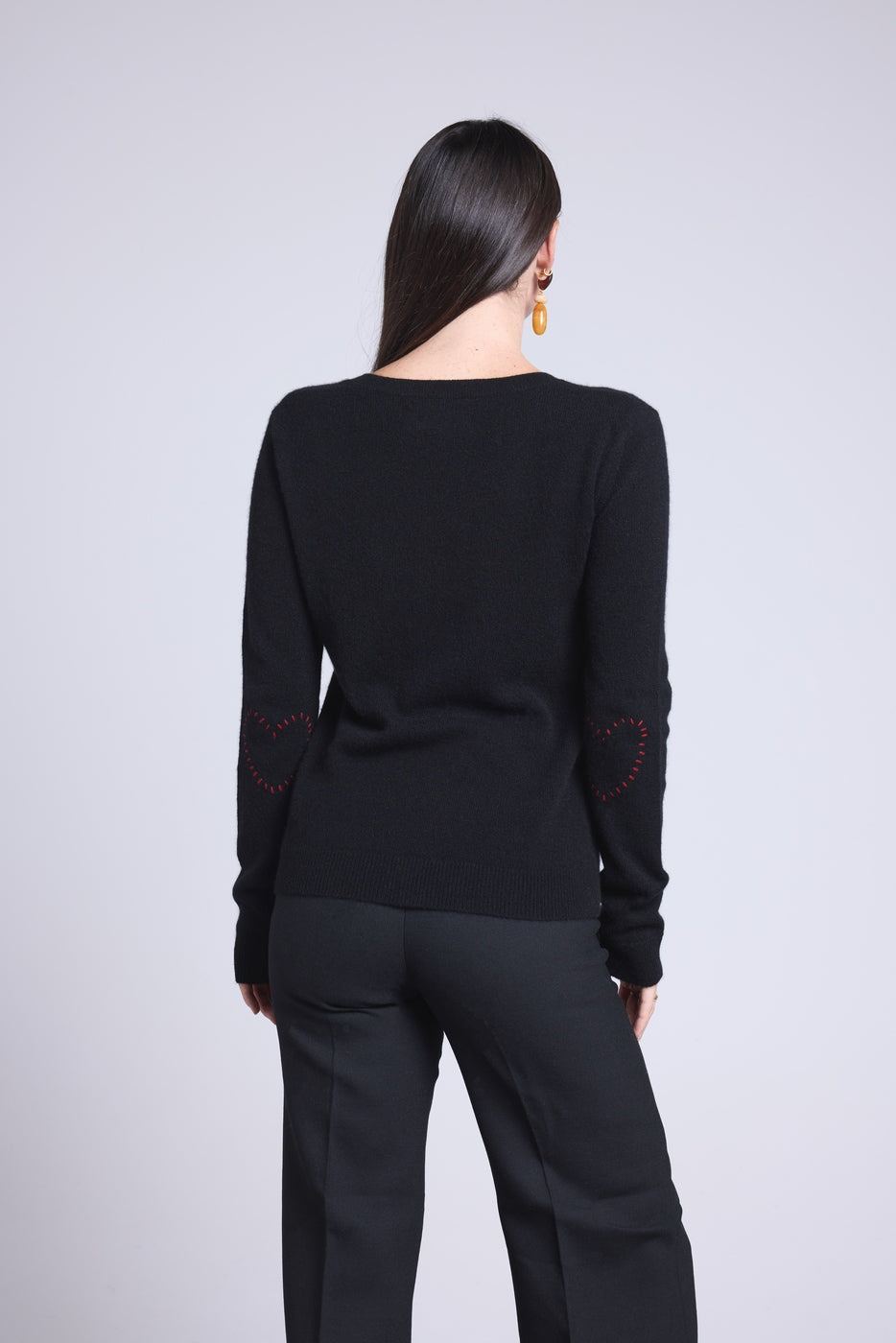 Jersey de cuello redondo con corazones cosidos en los codos Stitch - Negro rojo - Mujer