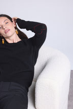 Jersey de cuello redondo con corazones cosidos en los codos Stitch - Negro rojo - Mujer