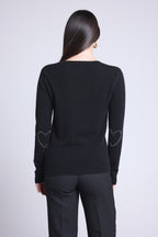 Jersey de cuello redondo Stitch con corazones cosidos en los codos - Negro blanco - Mujer