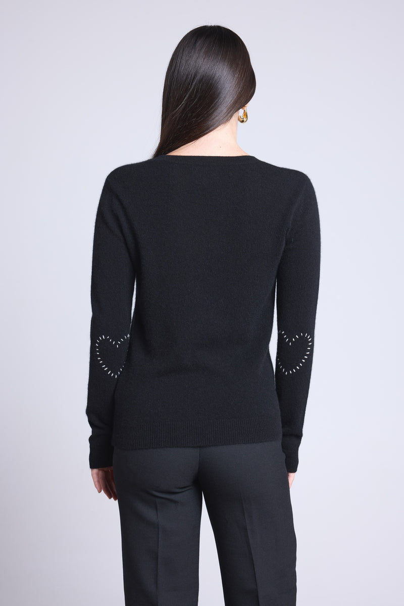 Pull Col Rond Cœur Cousus Coudes Stitch - Noir Blanc - Femme