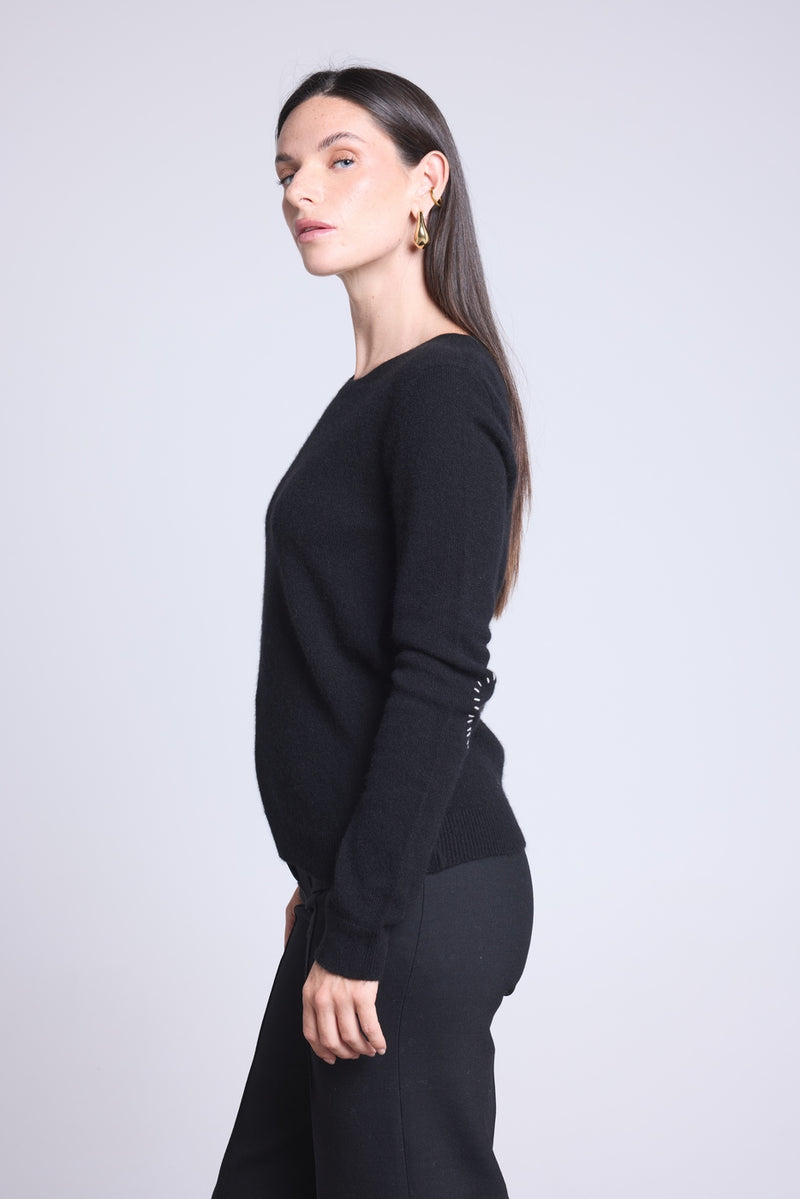 Pull Col Rond Cœur Cousus Coudes Stitch - Noir Blanc - Femme