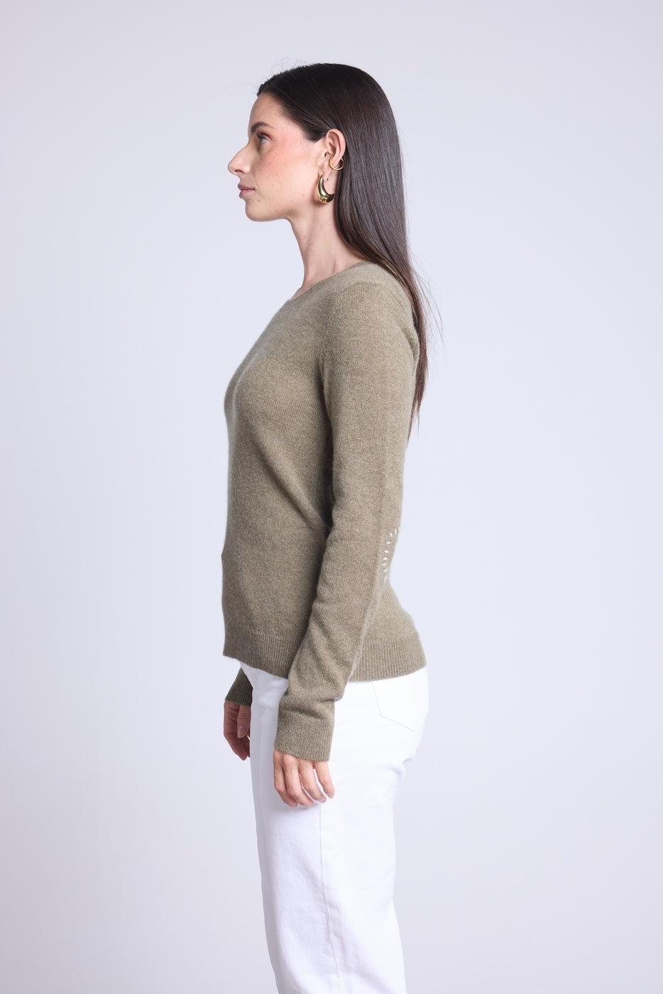 Jersey de cuello redondo con corazón y coderas cosidas Stitch - Verde caqui blanco - Mujer