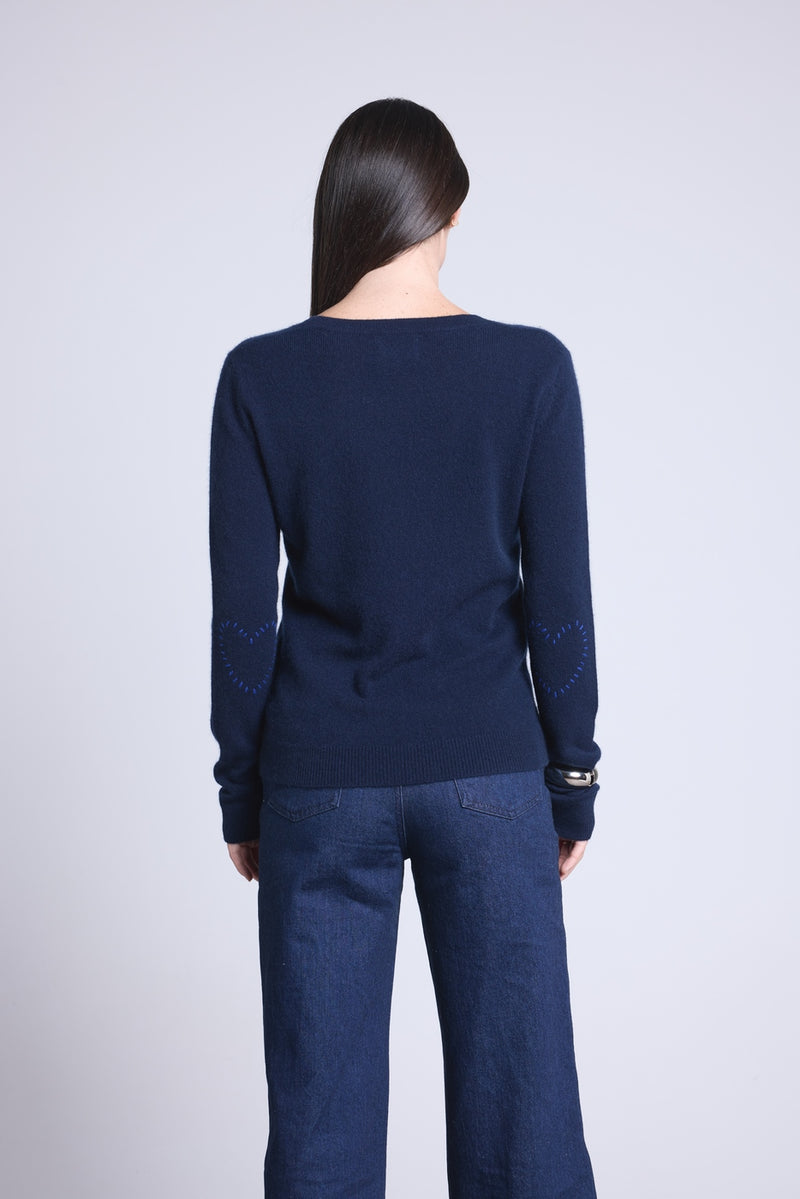 Pull Col Rond Cœur Cousus Coudes Stitch - Bleu Marine Bleu Roi - Femme