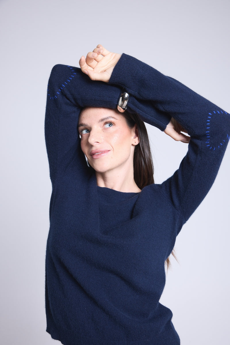 Pull Col Rond Cœur Cousus Coudes Stitch - Bleu Marine Bleu Roi - Femme