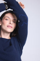 Pull Col Rond Cœur Cousus Coudes Stitch - Bleu Marine Bleu Roi - Femme