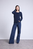 Pull Col Rond Cœur Cousus Coudes Stitch - Bleu Marine Bleu Roi - Femme