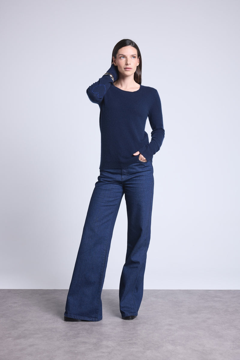 Pull Col Rond Cœur Cousus Coudes Stitch - Bleu Marine Bleu Roi - Femme