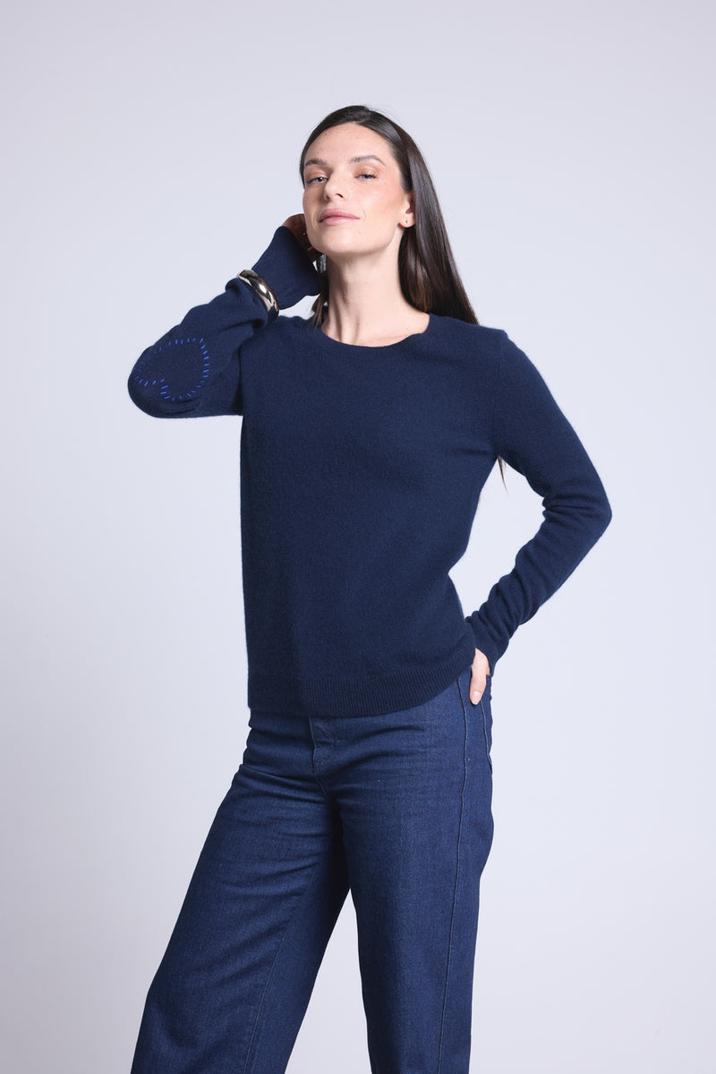 Pull Col Rond Cœur Cousus Coudes Stitch - Bleu Marine Bleu Roi - Femme
