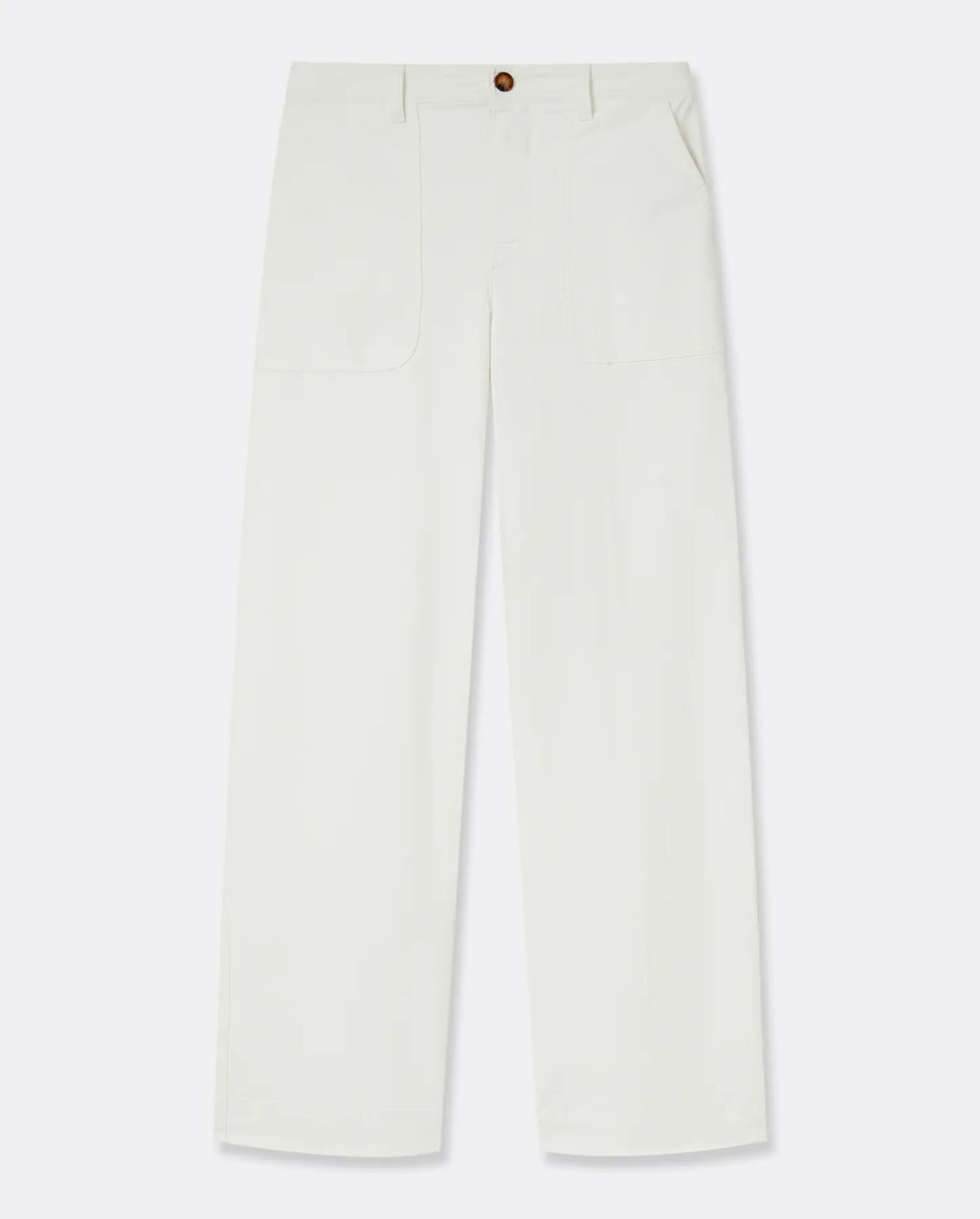 Pantalon blanc en coton avec coupe droite et large, tissu stretch, adaptabilité idéale pour toutes morphologies, style utility avec poches plaquées.