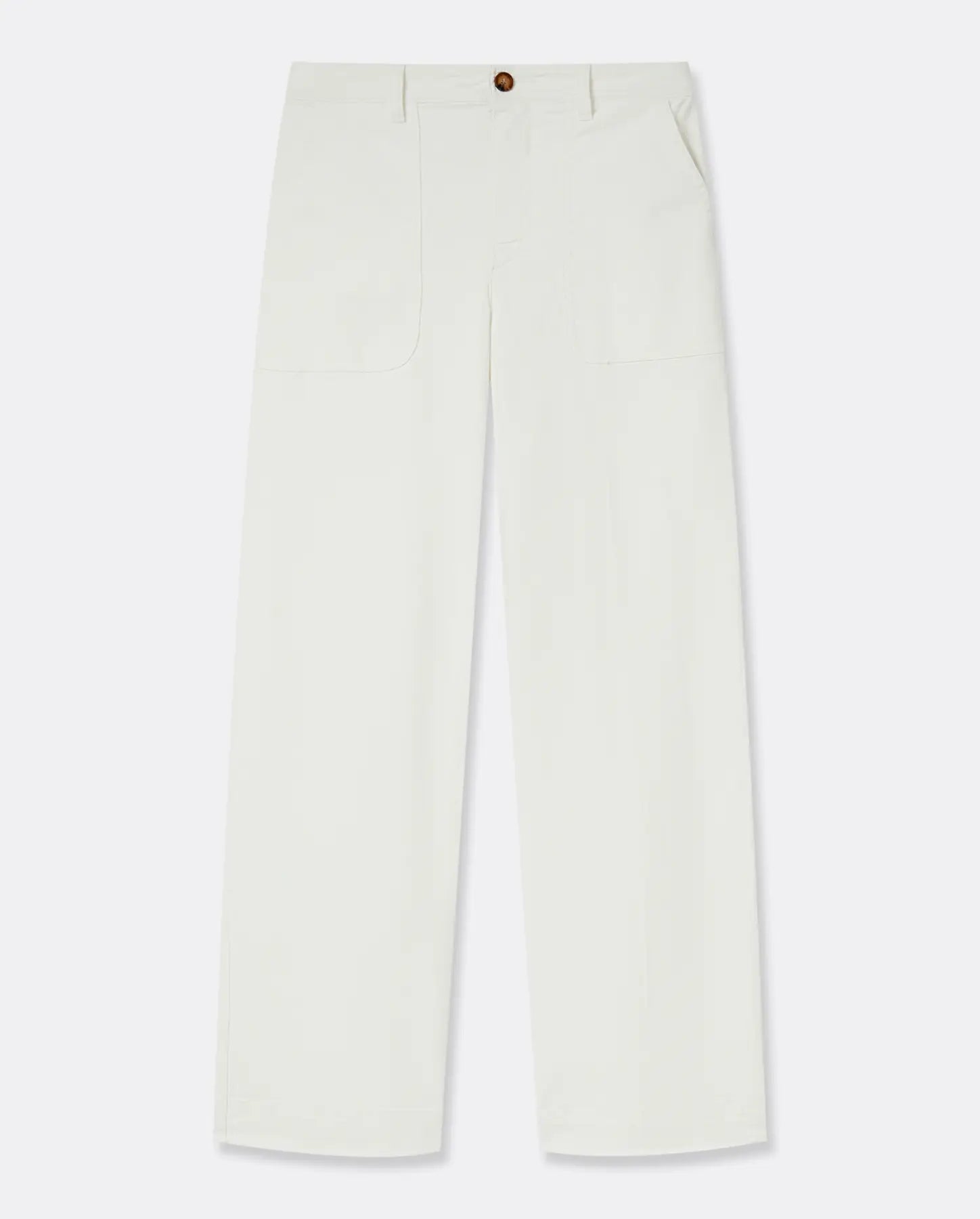 Pantalon blanc en coton avec coupe droite et large, tissu stretch, adaptabilité idéale pour toutes morphologies, style utility avec poches plaquées.