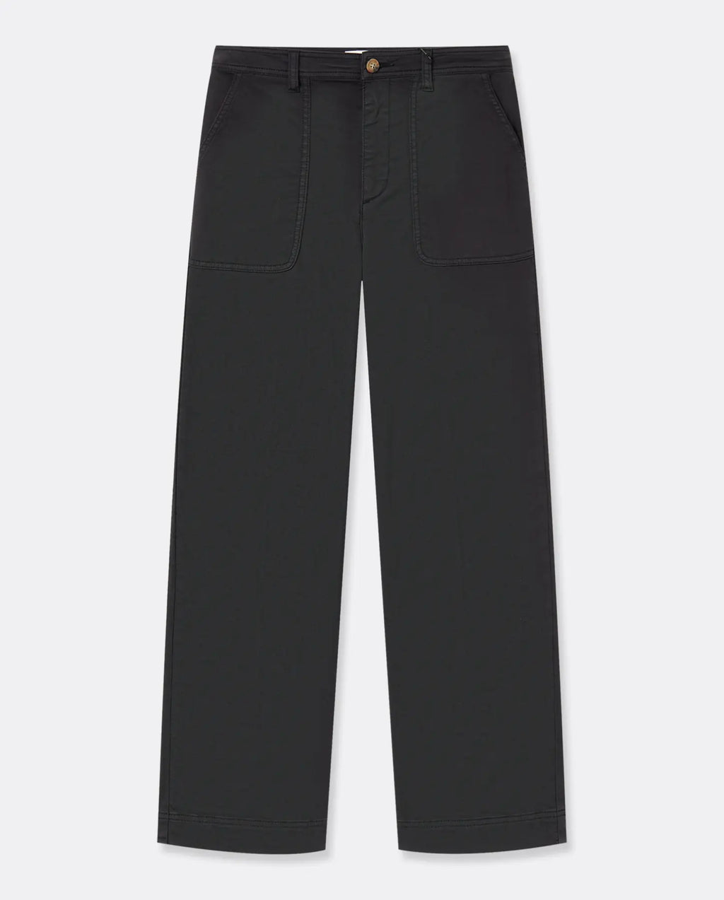 Pantalon marron en tissu stretch souple, coupe droite et confortable, avec poches avant arrondies et taille ajustée, idéal pour toutes les morphologies féminines.