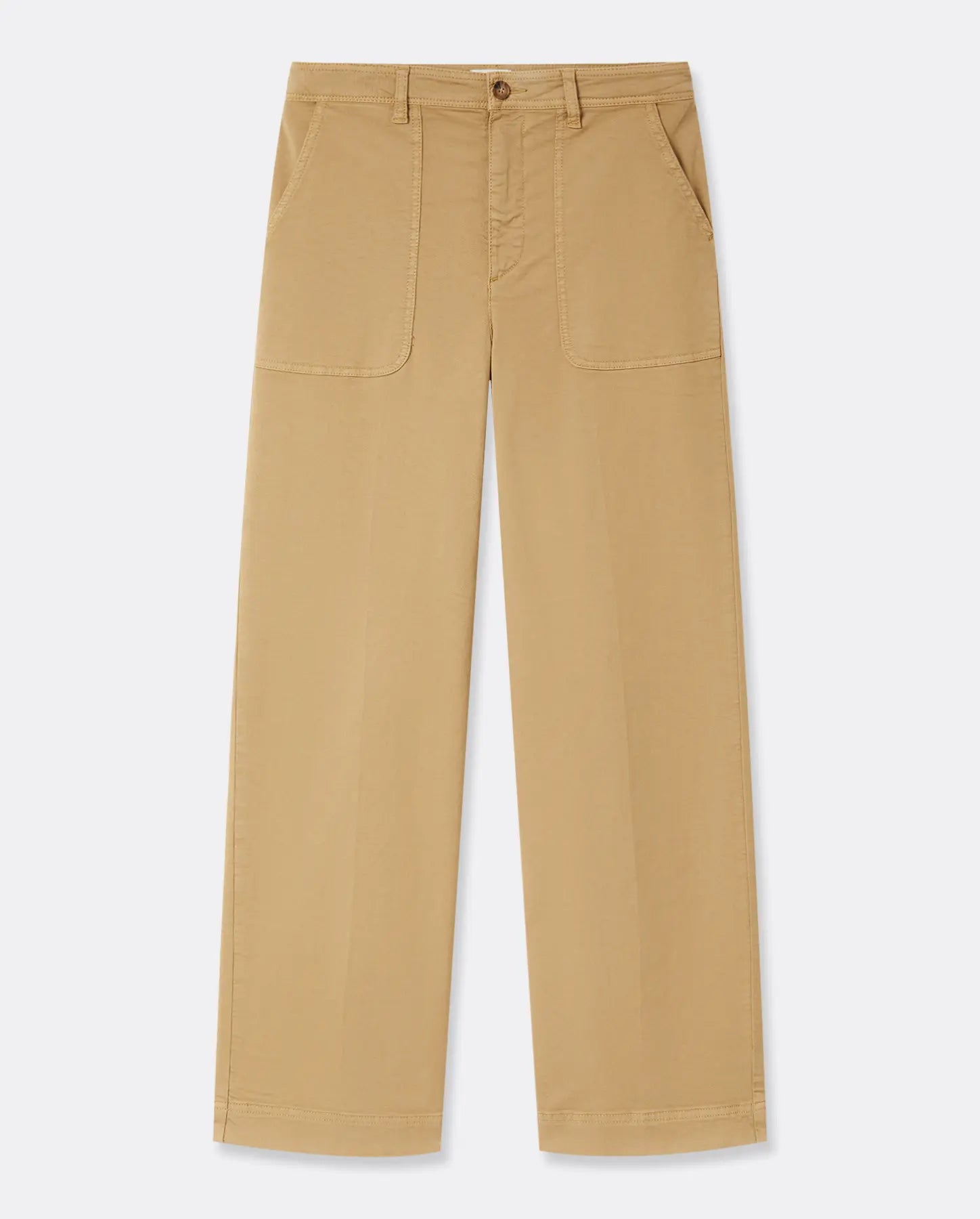 Pantalon femme en coton couleur praline avec coupe droite et jambes larges, tissu stretch pour un confort optimal et une silhouette adaptable.