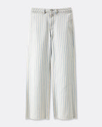 Jean femme en denim 100% coton avec rayures verticales beiges et bleues, coupe droite et confortable adaptée à toutes les morphologies.