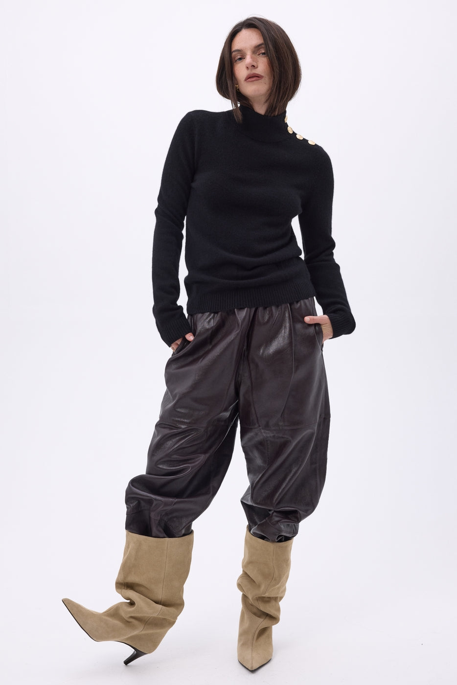 Swan High Neck Gold Button Jumper - Black - Women