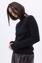 Swan High Neck Gold Button Jumper - Black - Women