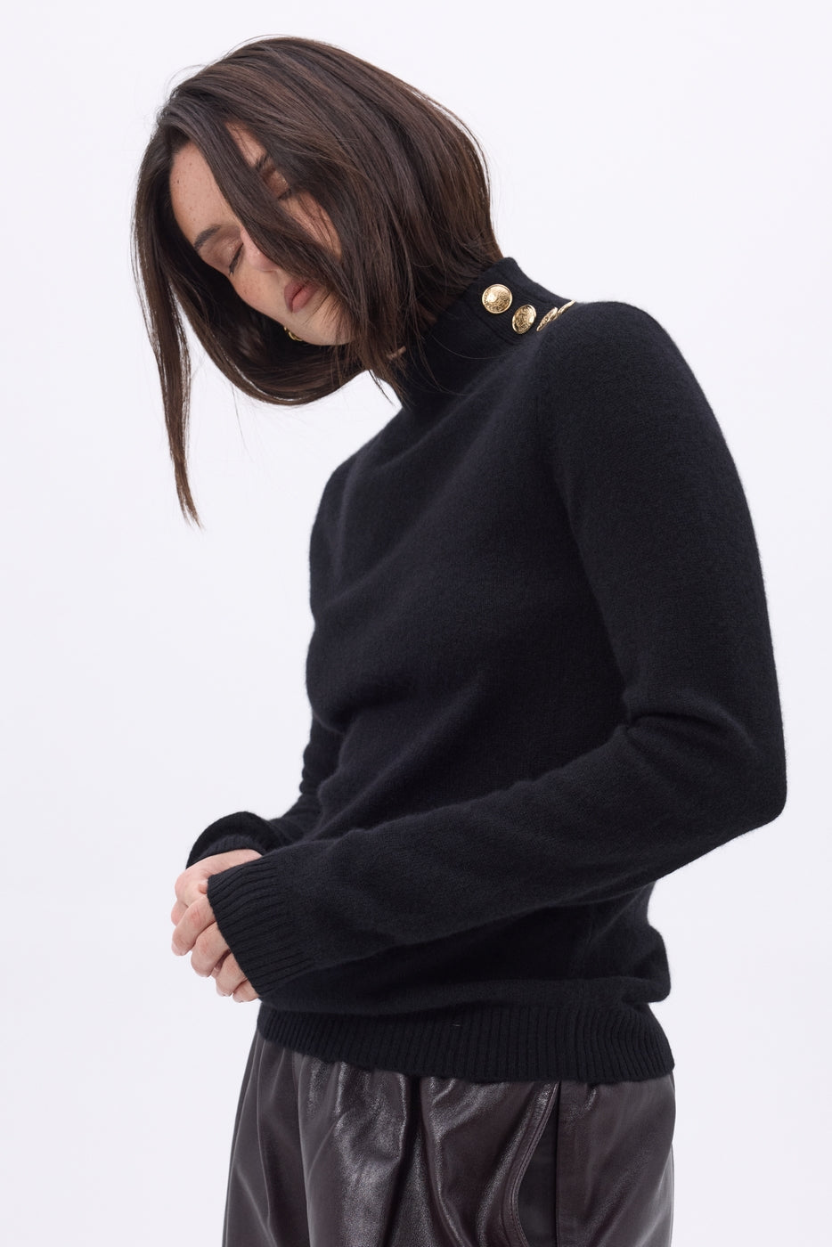 Swan High Neck Gold Button Jumper - Black - Women