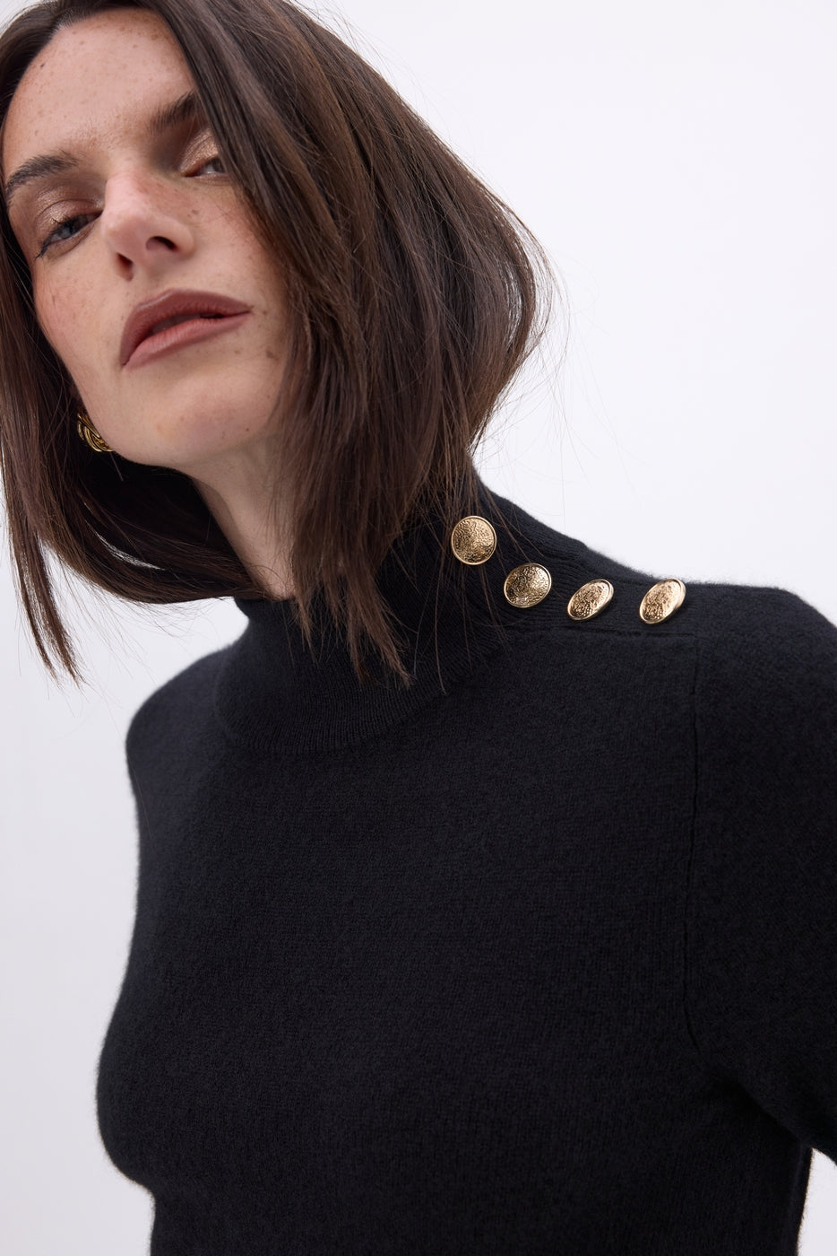 Swan High Neck Gold Button Jumper - Black - Women