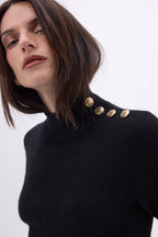 Swan High Neck Gold Button Jumper - Black - Women