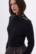 Swan High Neck Gold Button Jumper - Black - Women