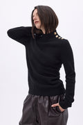 Swan High Neck Gold Button Jumper - Black - Women
