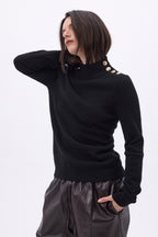 Swan High Neck Gold Button Jumper - Black - Women