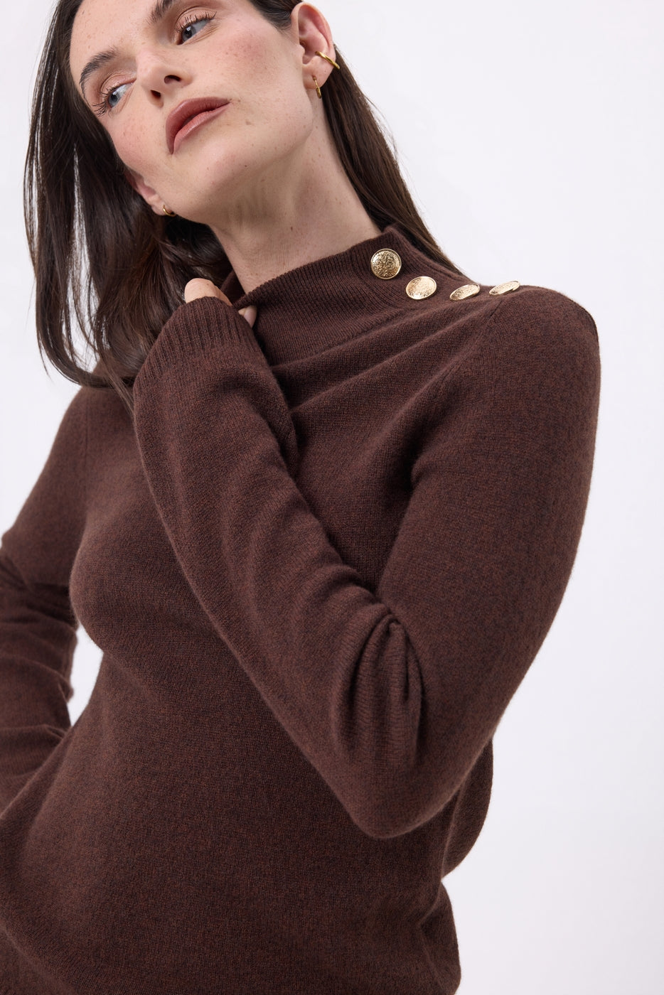 Pull Col Montant Boutons Dorés Swan - Marron Chocolat - Femme